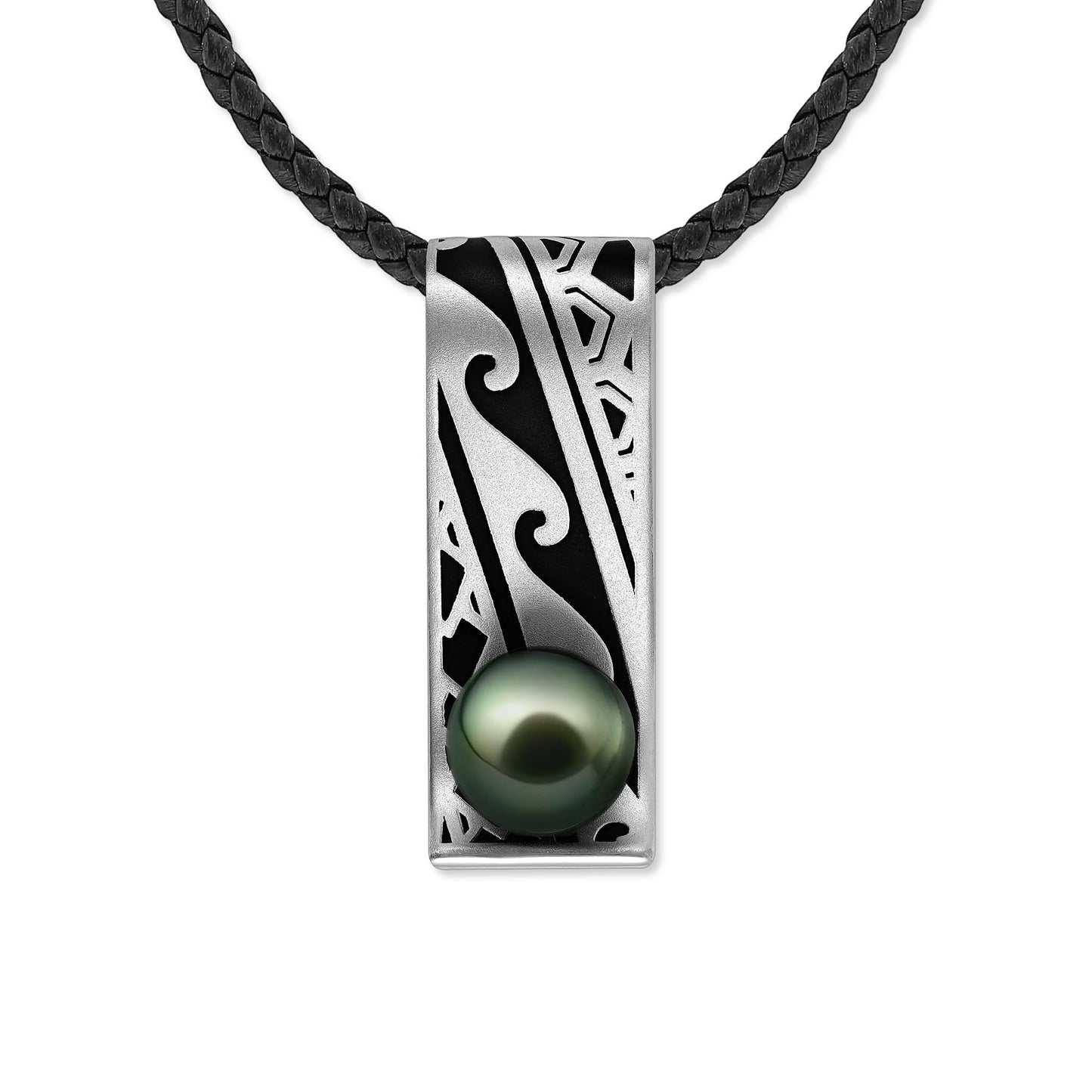 Sterling silver vertical pendant with ocean tribal engraving, 11mm tahitian pearl, on braided leather cord. Item No. 43683