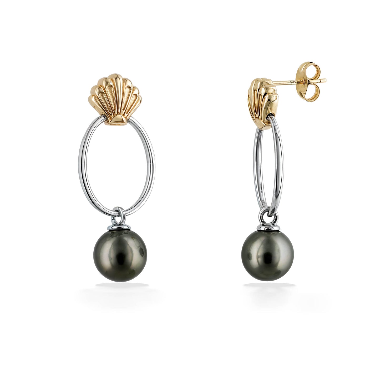 45136 - 14K Yellow Gold and Sterling Silver - Silver and Gold Tahitian Pearl Shell Drop Earrings
