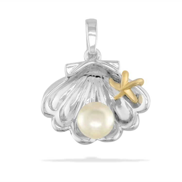 00340 - 14K Yellow Gold and Sterling Silver - Clam Shell with Starfish Pendant