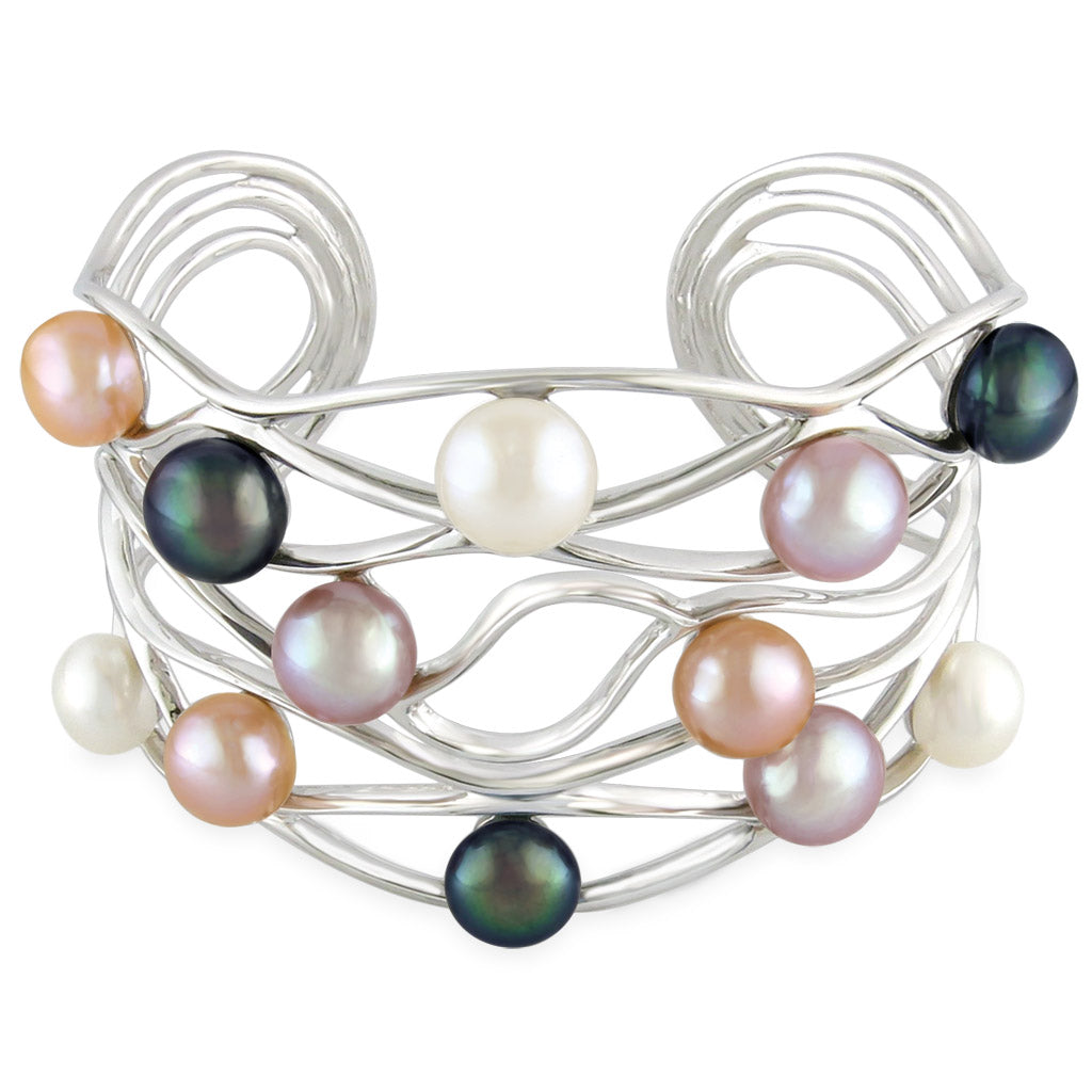Open swirly sterling silver pearl cuff bangle featuring multi-color freshwater pearls. Item No. 765293
