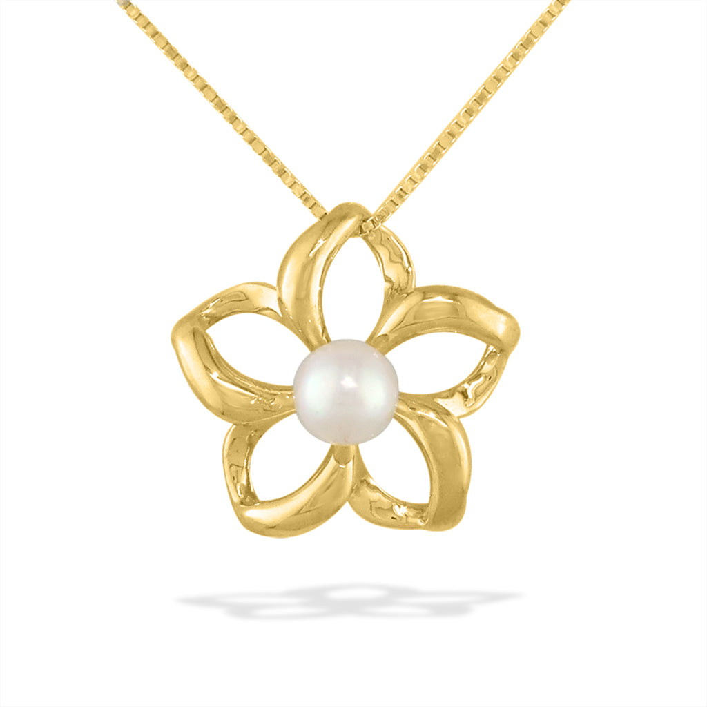 Gold plumeria pendant with curved, hollow petals and luminous center white akoya pearl. Item No. 40036