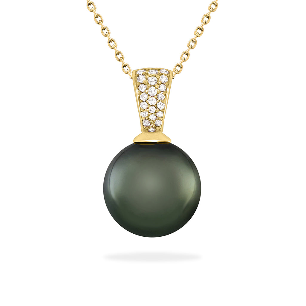 Lustrous 13mm tahitian pearl pendant accented with pavé-set diamonds on a yellow gold chain. Item No. 19976