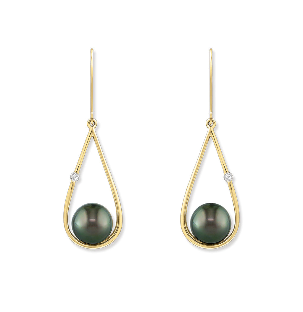 Raindrop leverback earrings in 14k yellow gold with 9mm tahitian pearls and diamond accents. Item No. 11148
