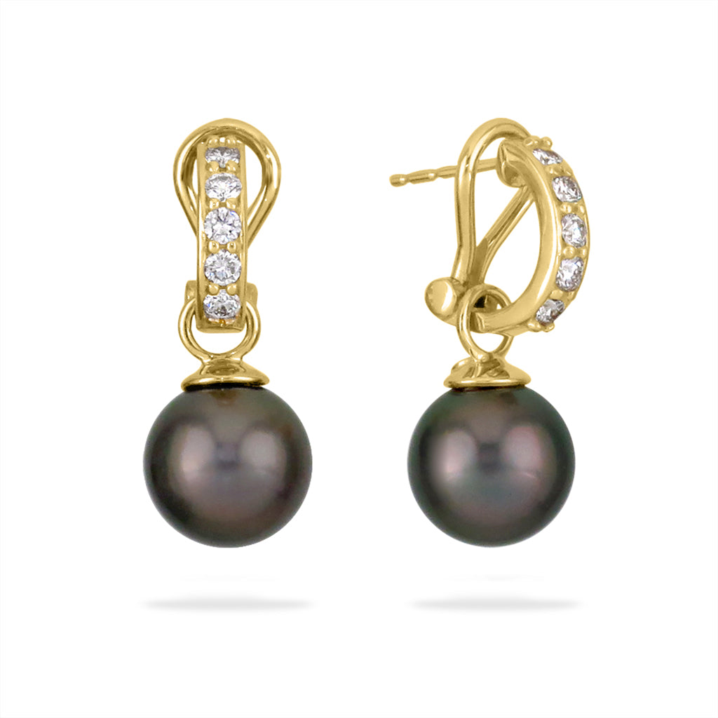 Side view highlighting the omega backings of the 14k yellow gold tahitian pearl earrings with diamond accents. Item No. 12311