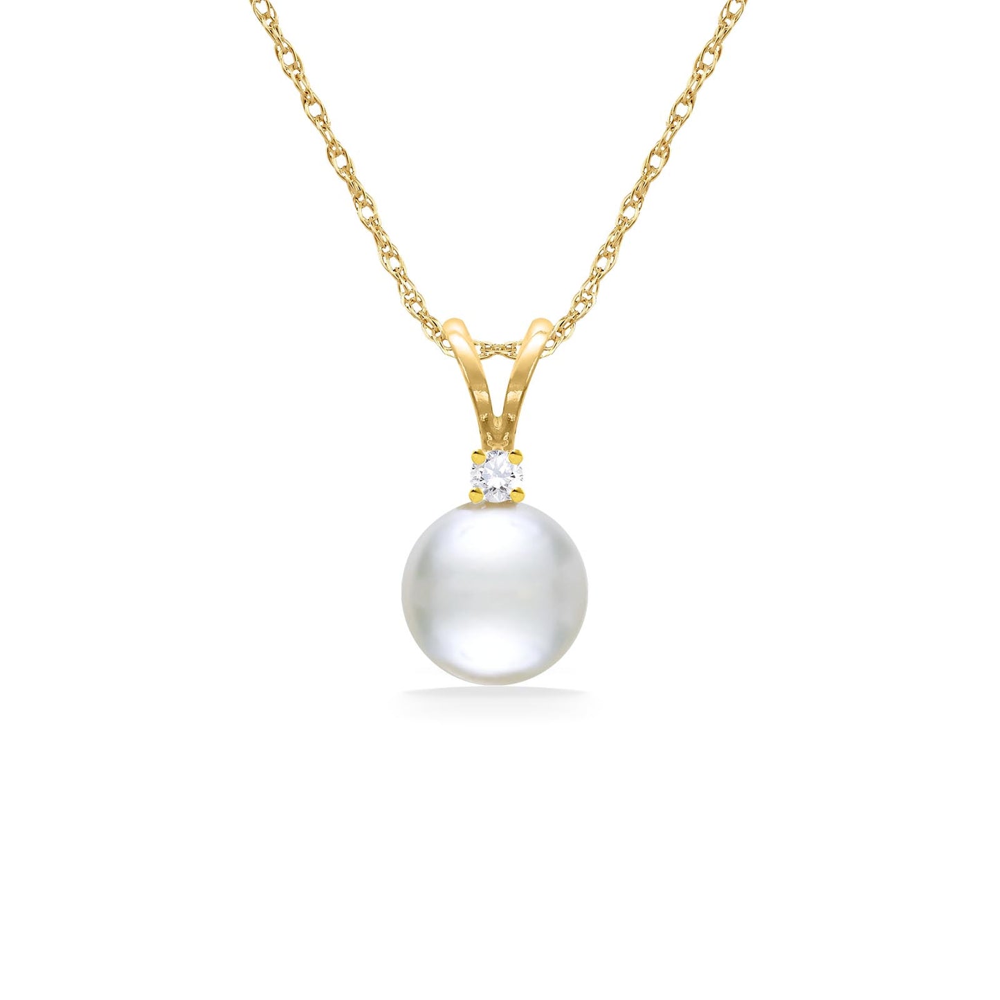 Dainty 6mm white akoya pearl pendant and sparkly diamond on a 14k yellow gold bail attached to a gold chain. Item No. 14611