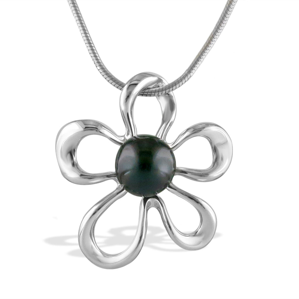 Hippy style plumeria flower with sterling silver hollow arches and a center black tahitian pearl. Item No. 19386