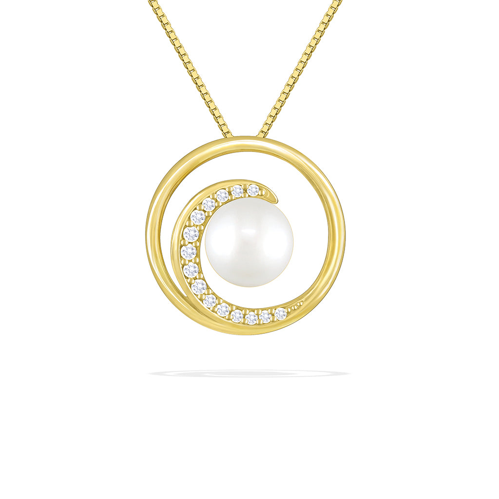 White akoya 7mm pearl pendant made in 14k yellow gold with a diamond-accented wave design. Item No. 43049
