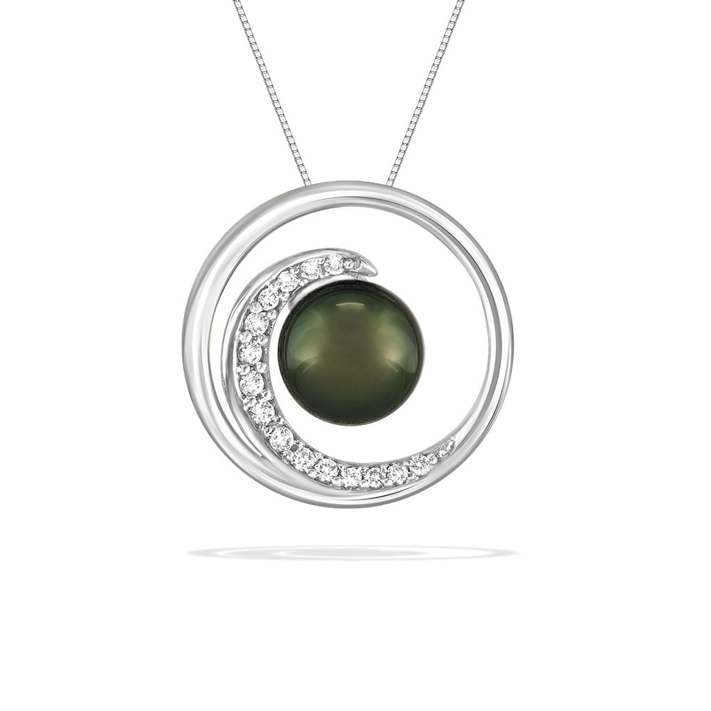 Tahitian 7mm pearl on a diamond-lined wave in a white gold pendant, with a wave inspired design. Item No. 43052