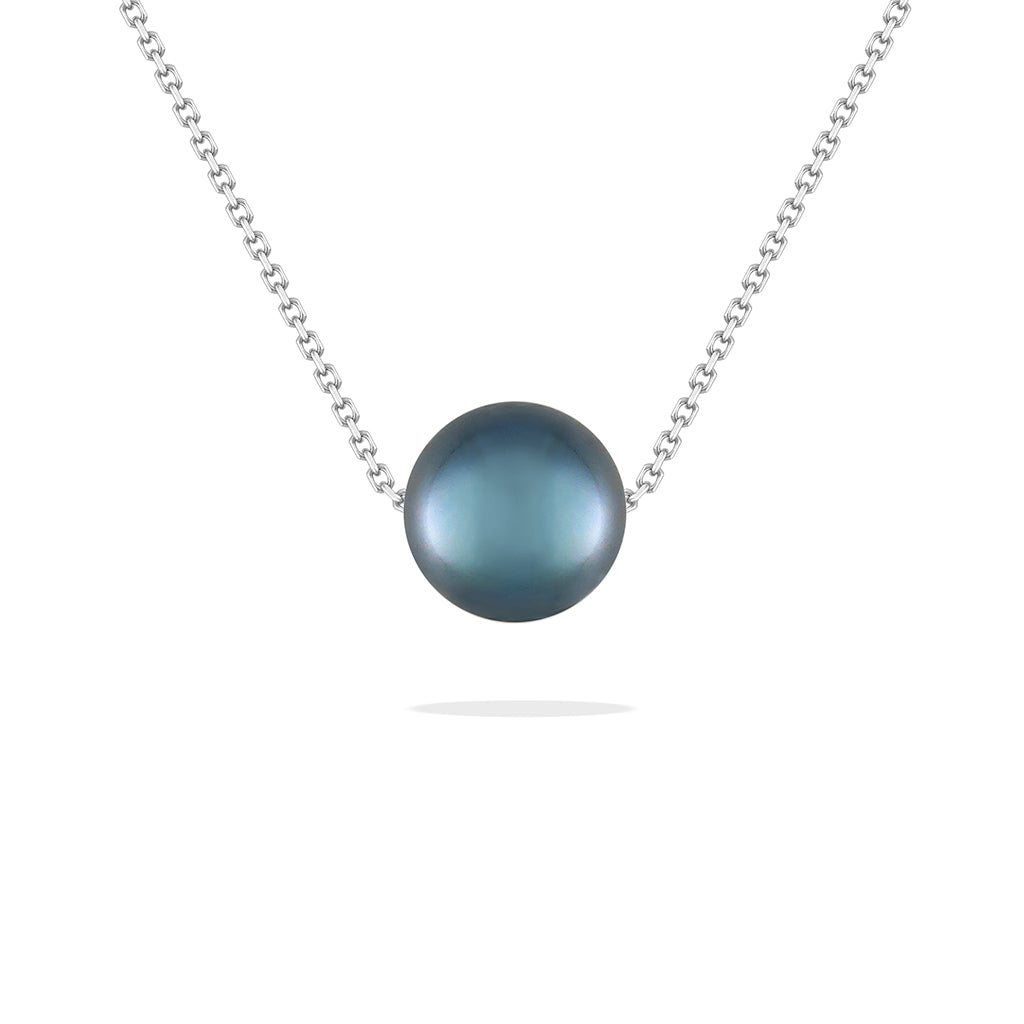 Simple 14K white gold 17-inch pearl necklace, blue 7mm lustrous Akoya pearl set on chain. Item No. 43928