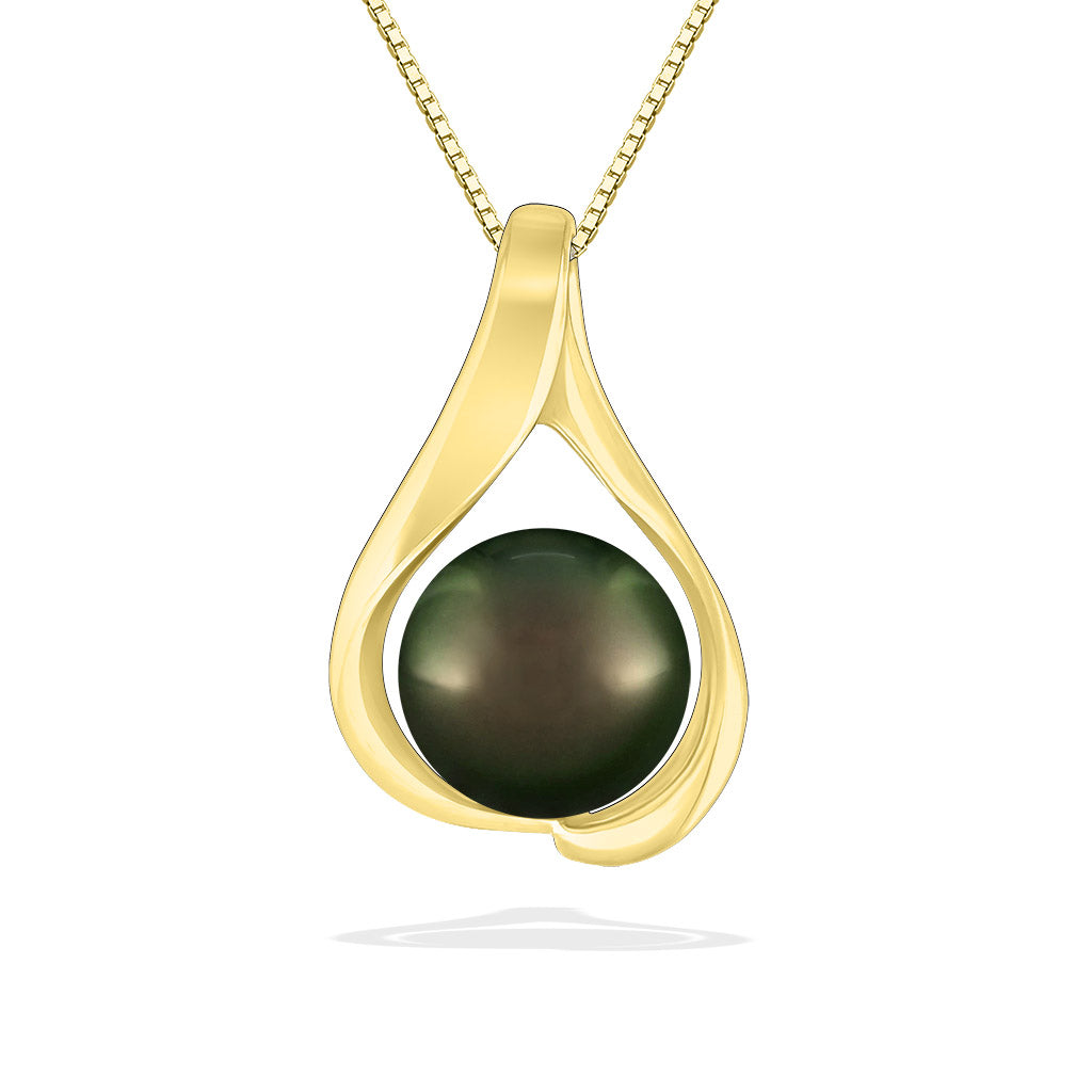 Sleek 14k yellow gold pendant with a 9mm tahitian pearl framed in a modern open teardrop design. Item No. 43807