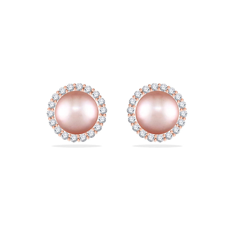 43619 - 14K Rose Gold - Pink Freshwater Pearl Halo Stud Earrings