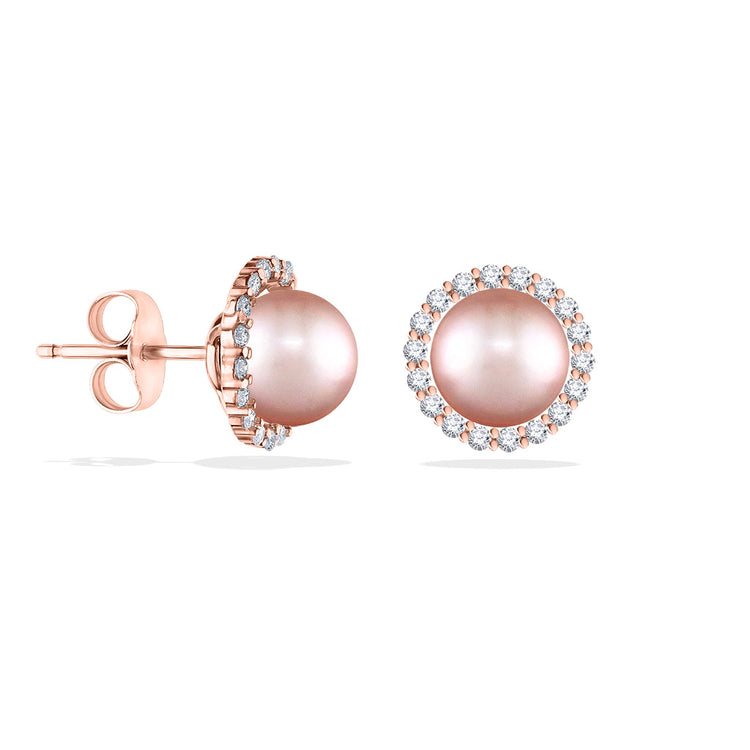 43619 - 14K Rose Gold - Pink Freshwater Pearl Halo Stud Earrings