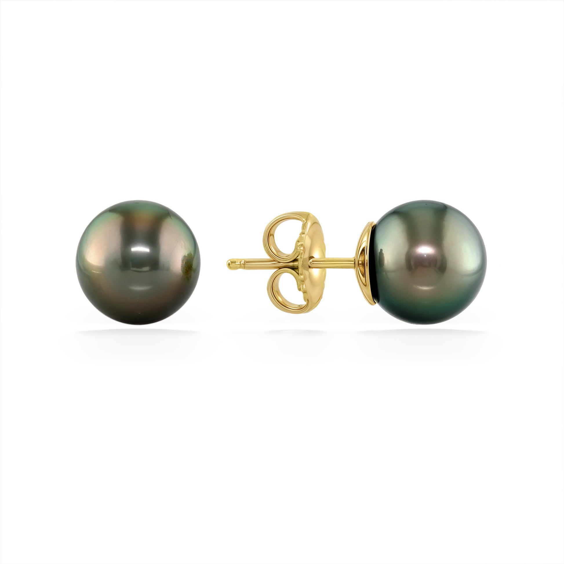 Partial view of tahitian pearl stud earrings (8mm) with right pearl showing 14K yellow gold post and earnut. Item No. 11329