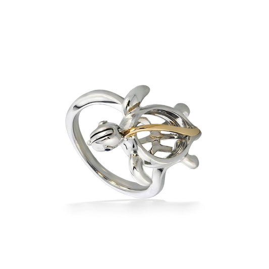 01217 - 14K Yellow Gold and Sterling Silver - Honu Cage Ring