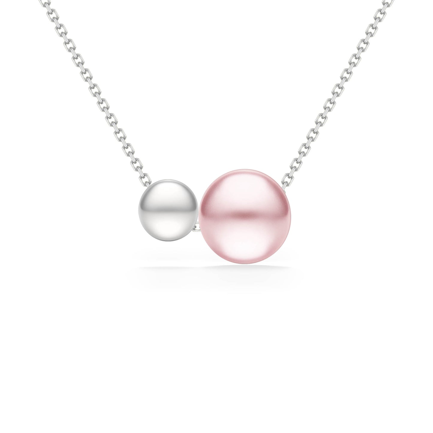 Necklace made with a white akoya pearl (5mm) & pink freshwater pearl (7.5mm) on a 14K white gold chain. Item No. 44695