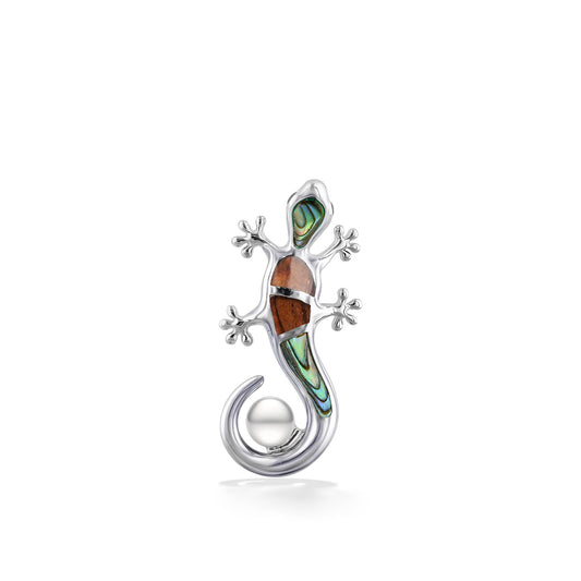 01004 - Sterling Silver - Gecko Pendant with Abalone and Koa Wood