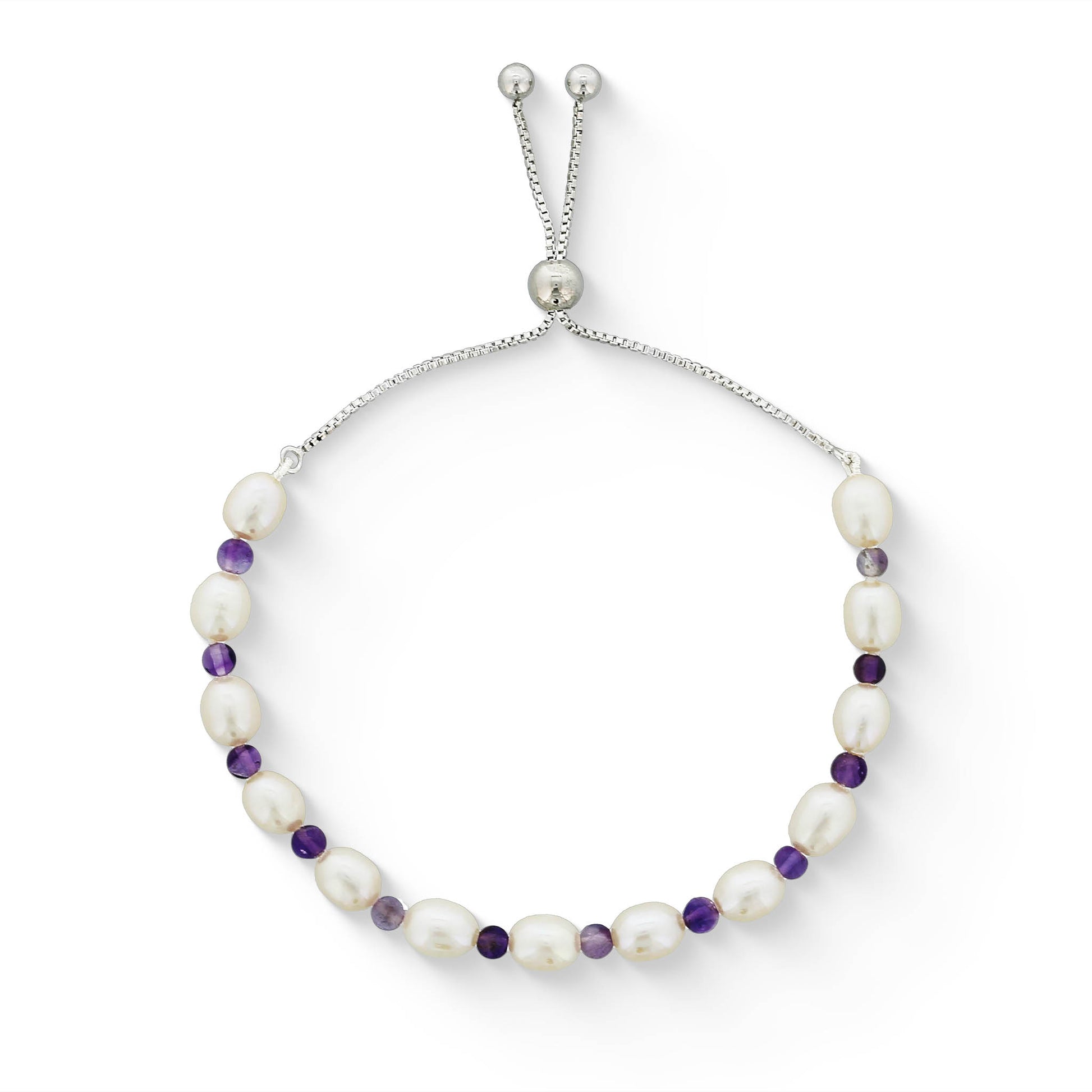 773661 - Sterling Silver - White Freshwater Pearl and Amethyst Bolo Bracelet