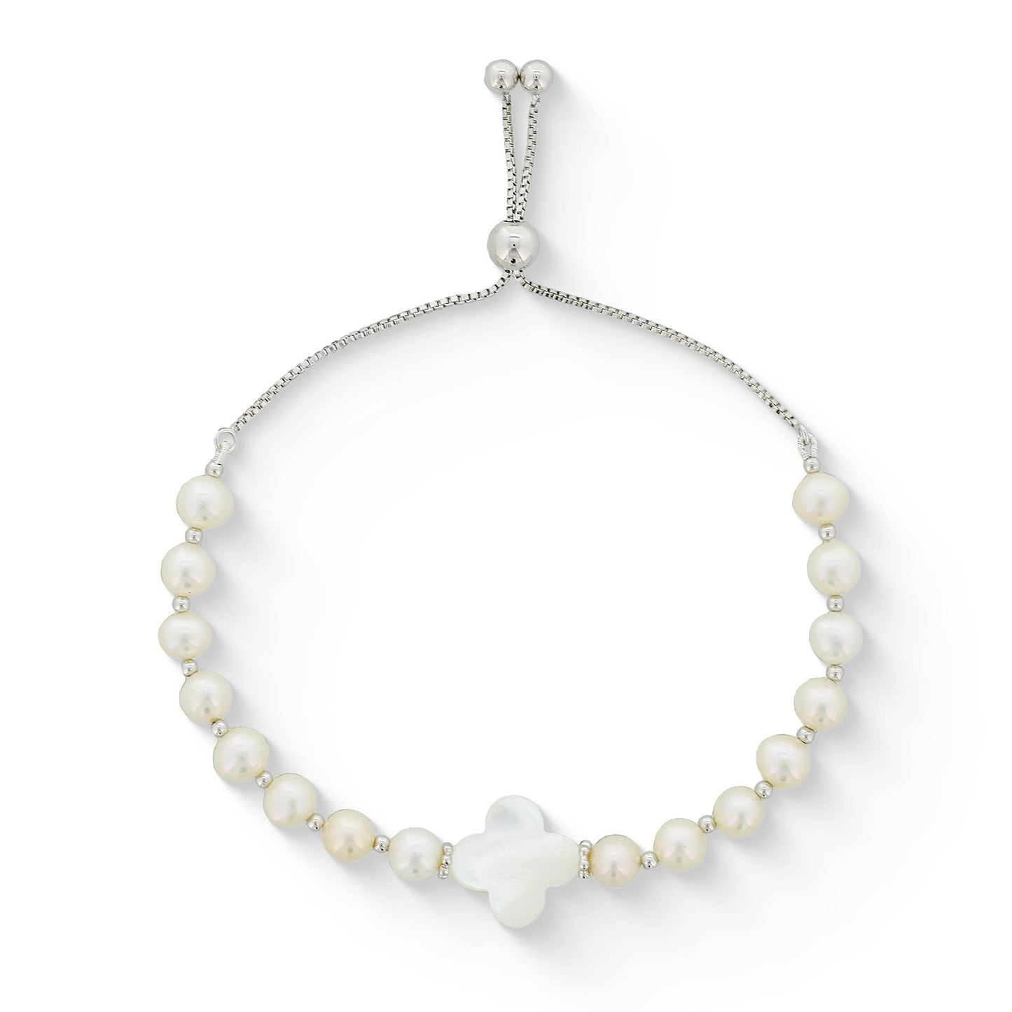 773663 - Sterling Silver - White Freshwater Pearl and White Mother of Pearl Bolo Bracelet