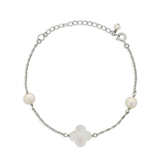 773664 - Sterling Silver - White Freshwater Pearl and White Mother of Pearl Adjustable Bracelet