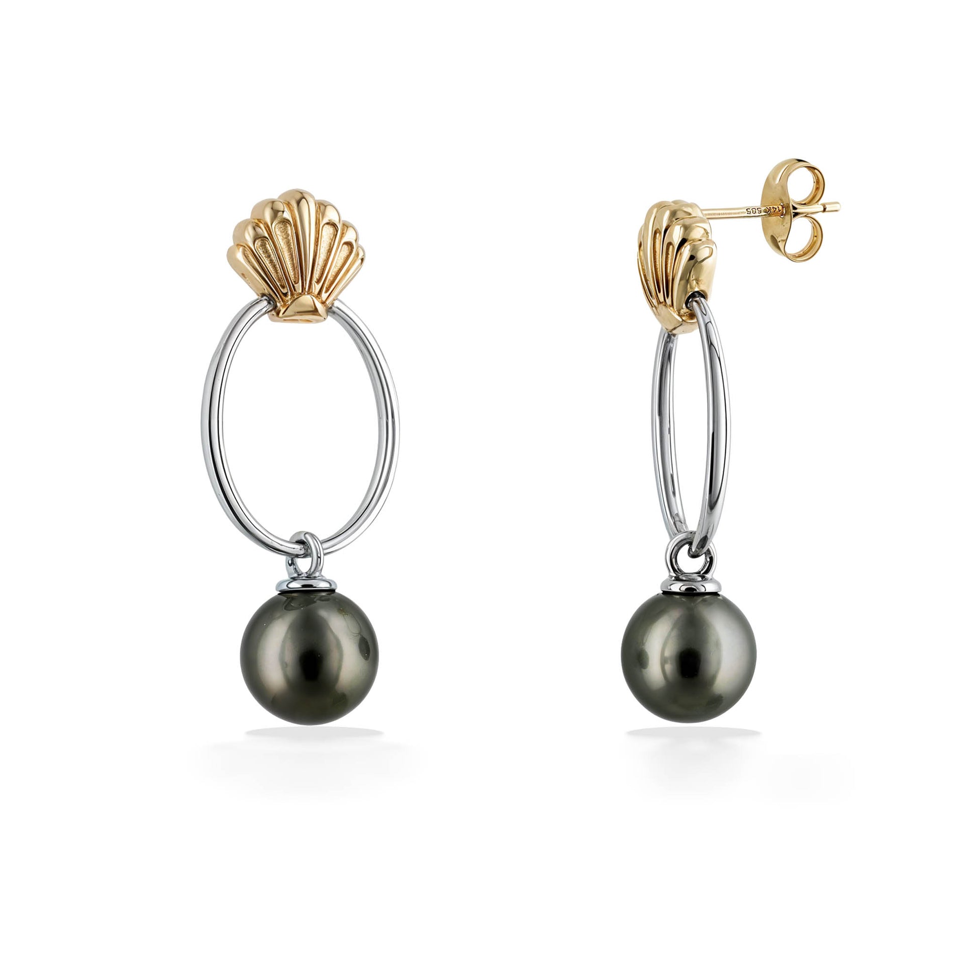 45136 - 14K Yellow Gold and Sterling Silver - Silver and Gold Tahitian Pearl Shell Drop Earrings