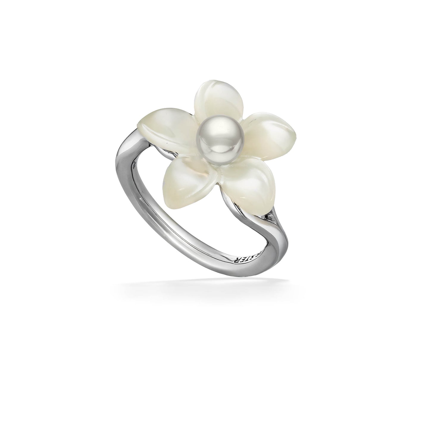 01317 - Sterling Silver - White Mother of Pearl Plumeria Ring, Size 7