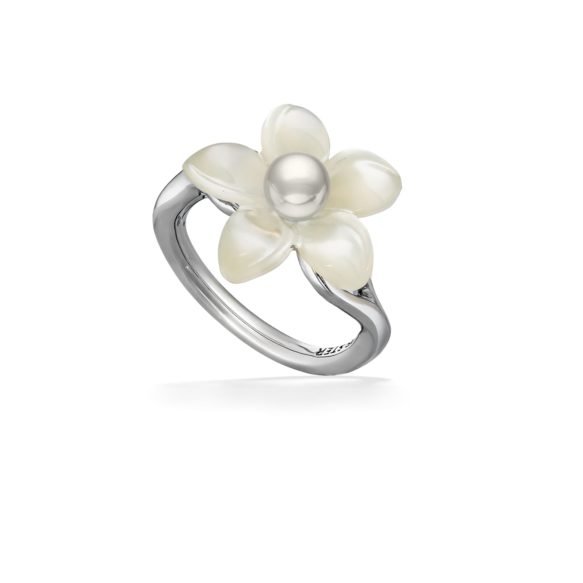01318 - Sterling Silver - White Mother of Pearl Plumeria Ring, Size 8