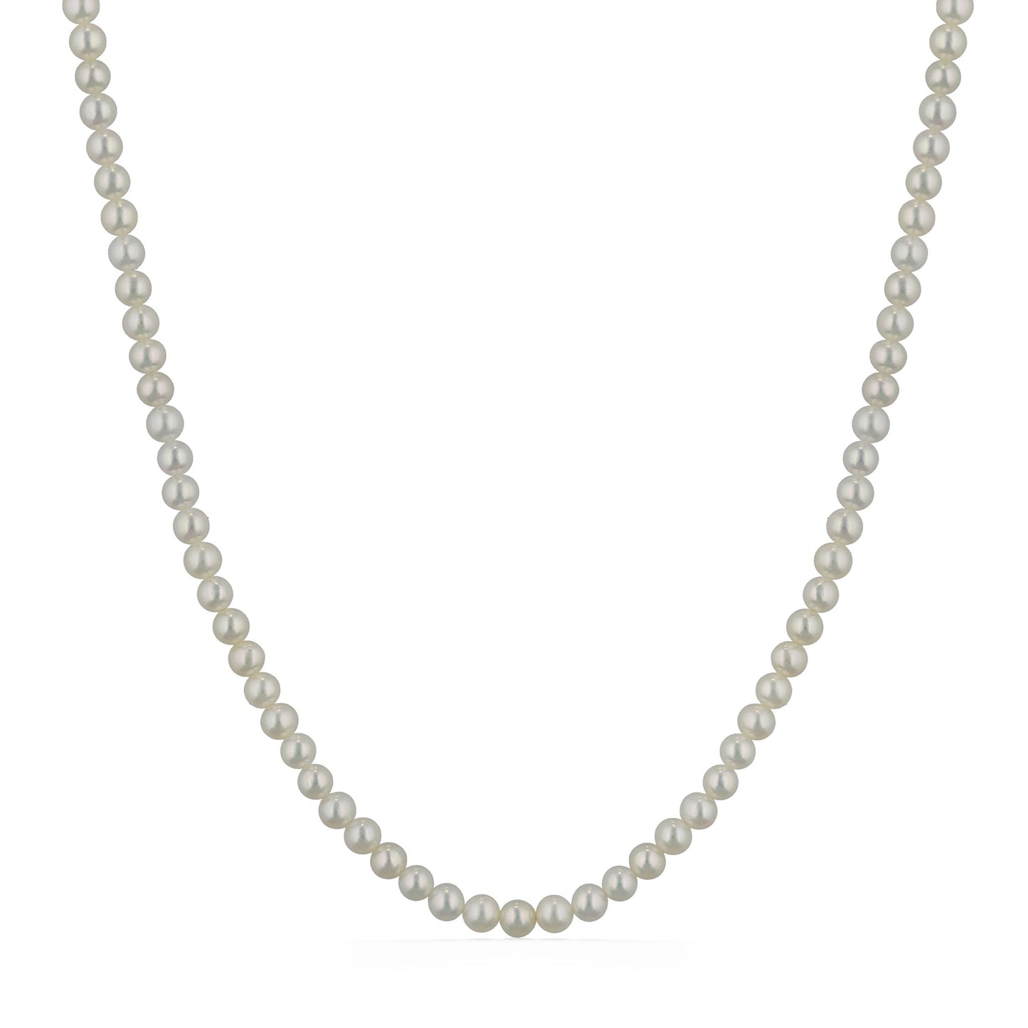 Classic strand of 4-4.5mm round white freshwater pearls arranged in a timeless, symmetrical necklace design. Item No. 224412