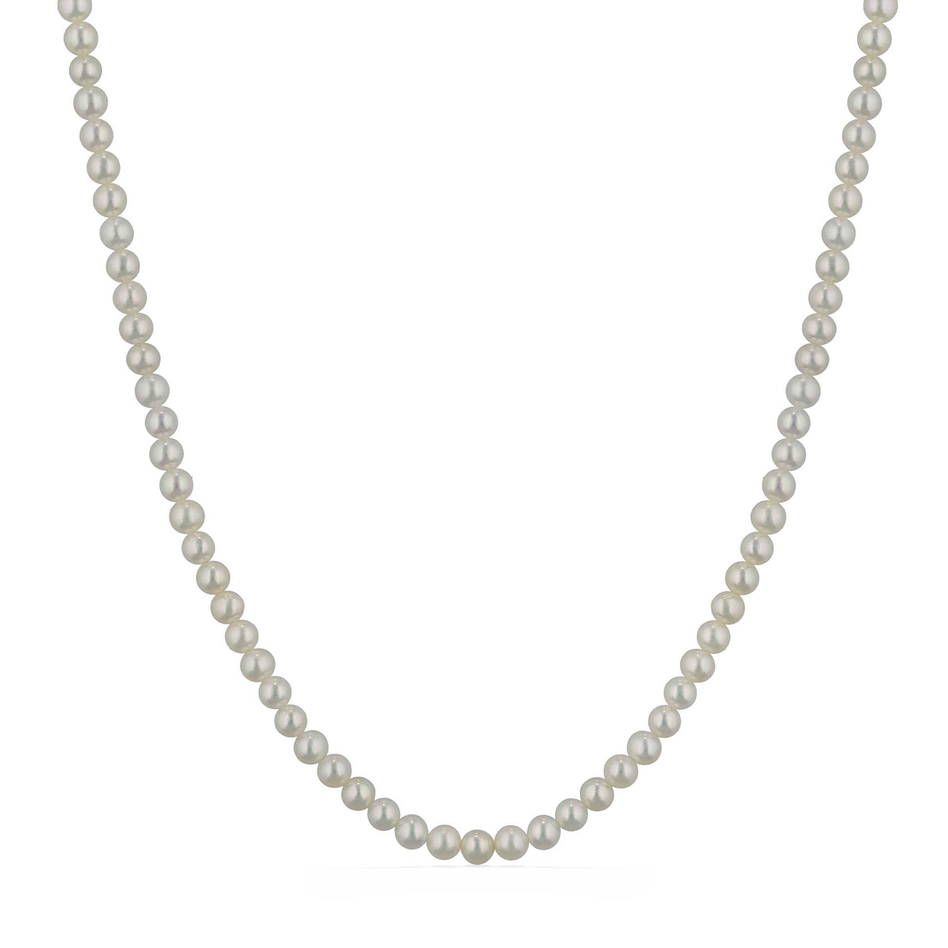 Classic strand of 4-4.5mm round white freshwater pearls arranged in a timeless, symmetrical necklace design. Item No. 224412