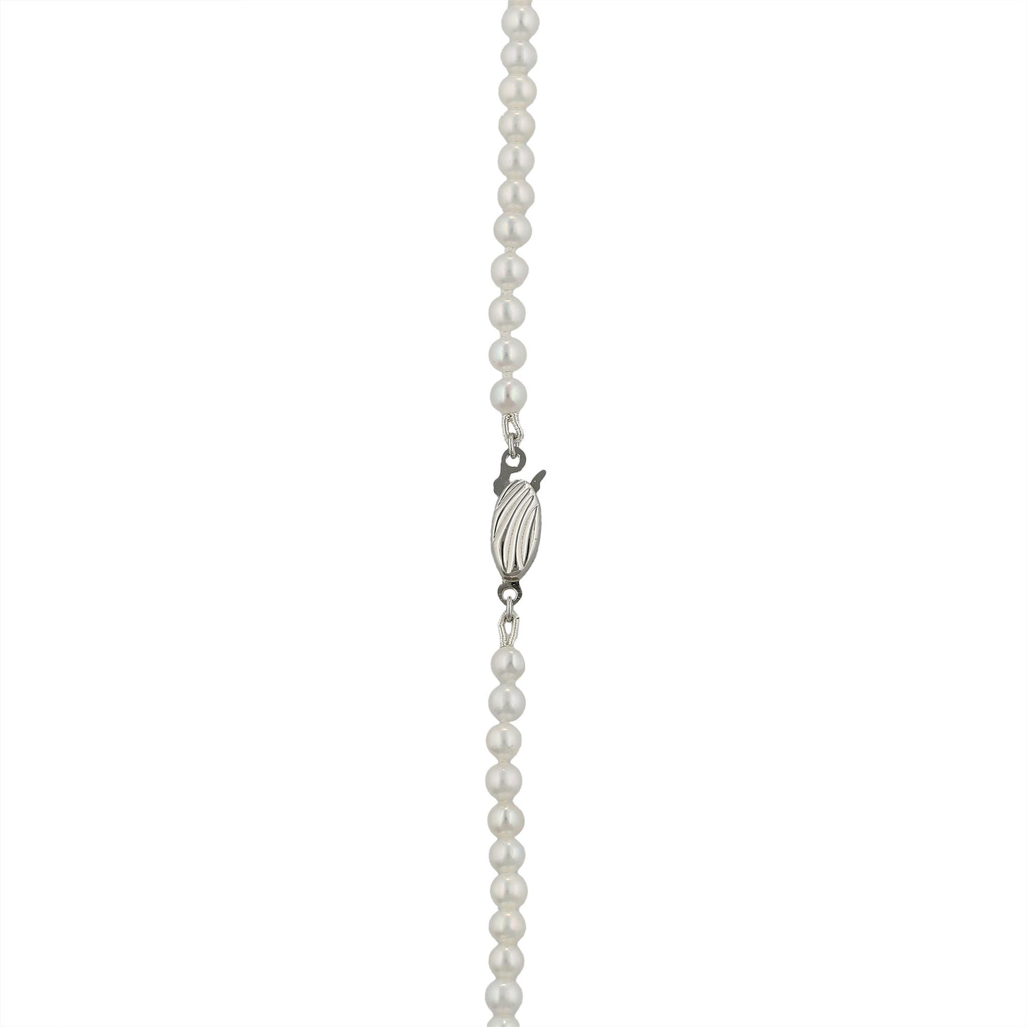 Close-up view highlighting the decorative sterling silver clasp and the uniform luster of the pearl strand. Item No. 224412