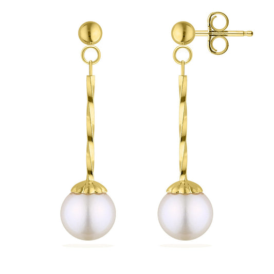 17652 - 14K Yellow Gold - White Akoya Pearl Twisted Dangle Earrings