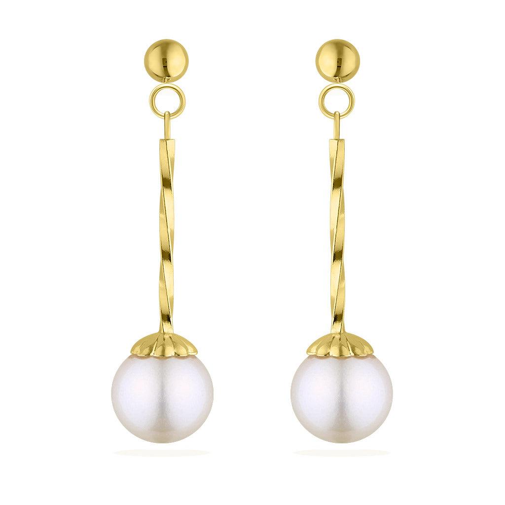 17652 - 14K Yellow Gold - White Akoya Pearl Twisted Dangle Earrings