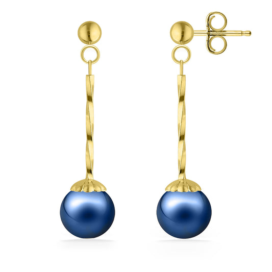 17654 - 14K Yellow Gold - Blue Akoya Pearl Twisted Dangle Earrings