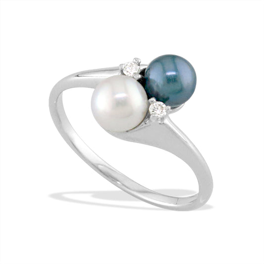 13642 - 14K White Gold - White and Blue Akoya Pearl Diamond Ring