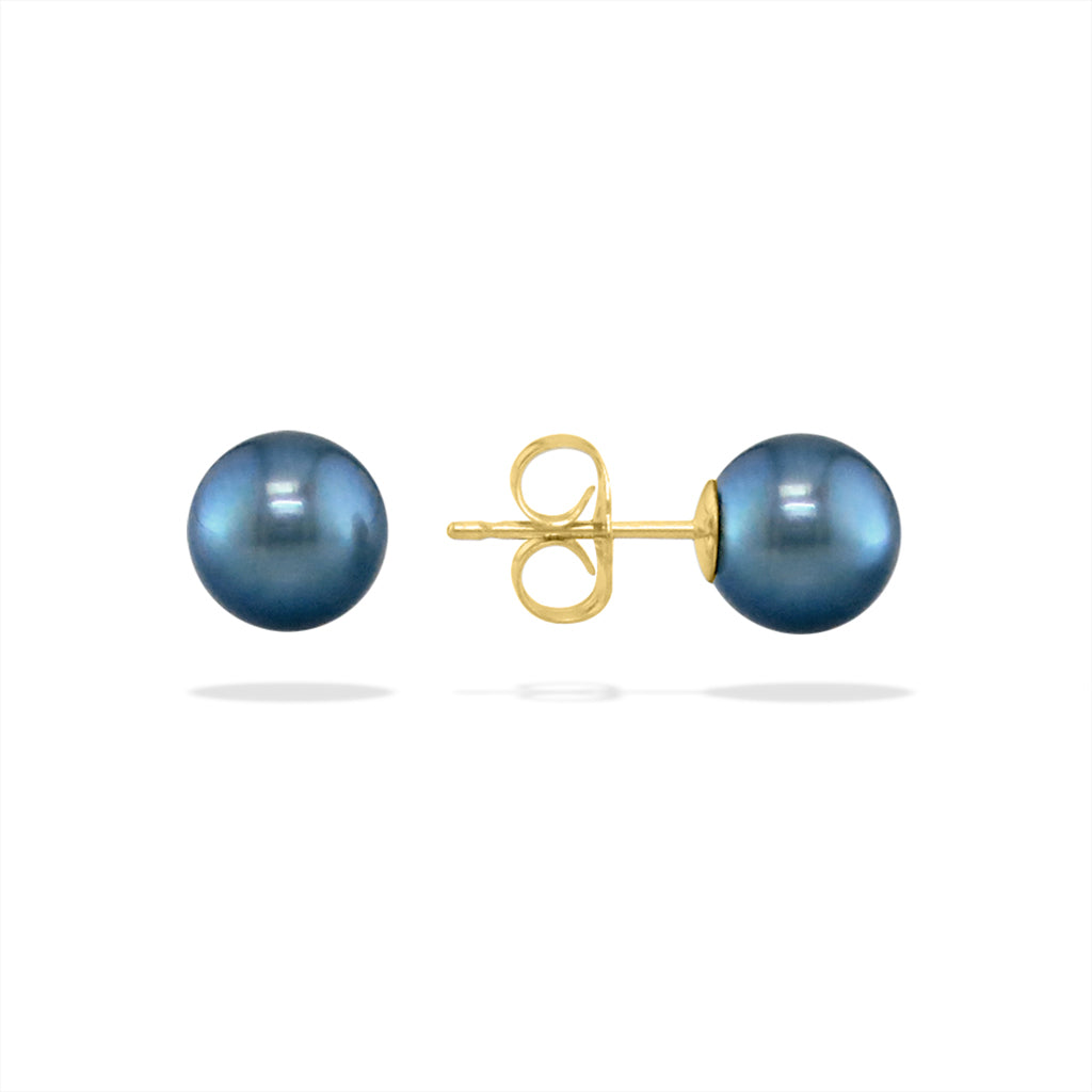 14270 - 14K Yellow Gold - Blue Akoya Pearl Stud Earrings