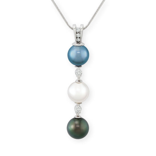 17377 - 14K White Gold - Three Akoya Pearl Drop Pendant