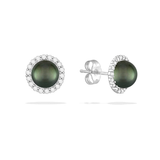 43874 - 14K White Gold - Peacock Akoya Pearl Halo Stud Earrings