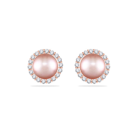 43619 - 14K Rose Gold - Pink Freshwater Pearl Halo Stud Earrings