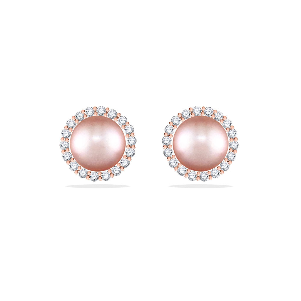 43619 - 14K Rose Gold - Pink Freshwater Pearl Halo Stud Earrings