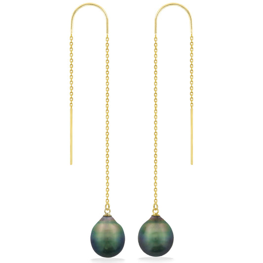 43659 - 14K Yellow Gold - Tahitian Black Pearl Threader Earrings